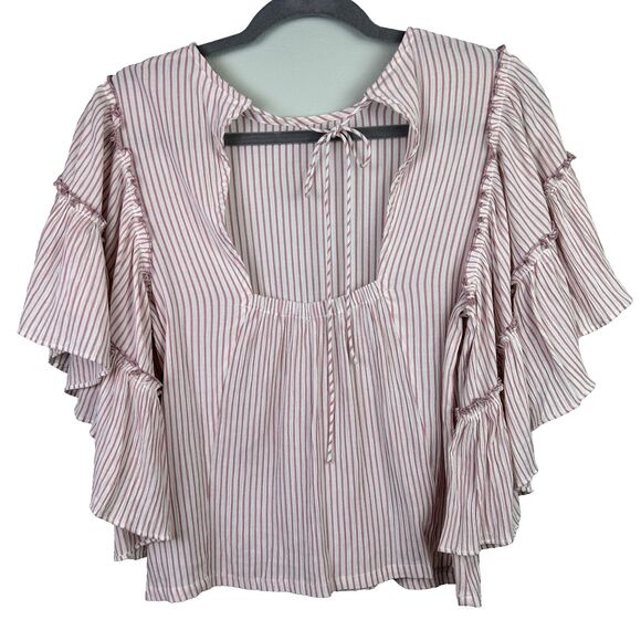 Vestique Pink White Pinstripe Top Ruffle Flutter Sleeve Blouse Open Tie Back S - Picture 4 of 11